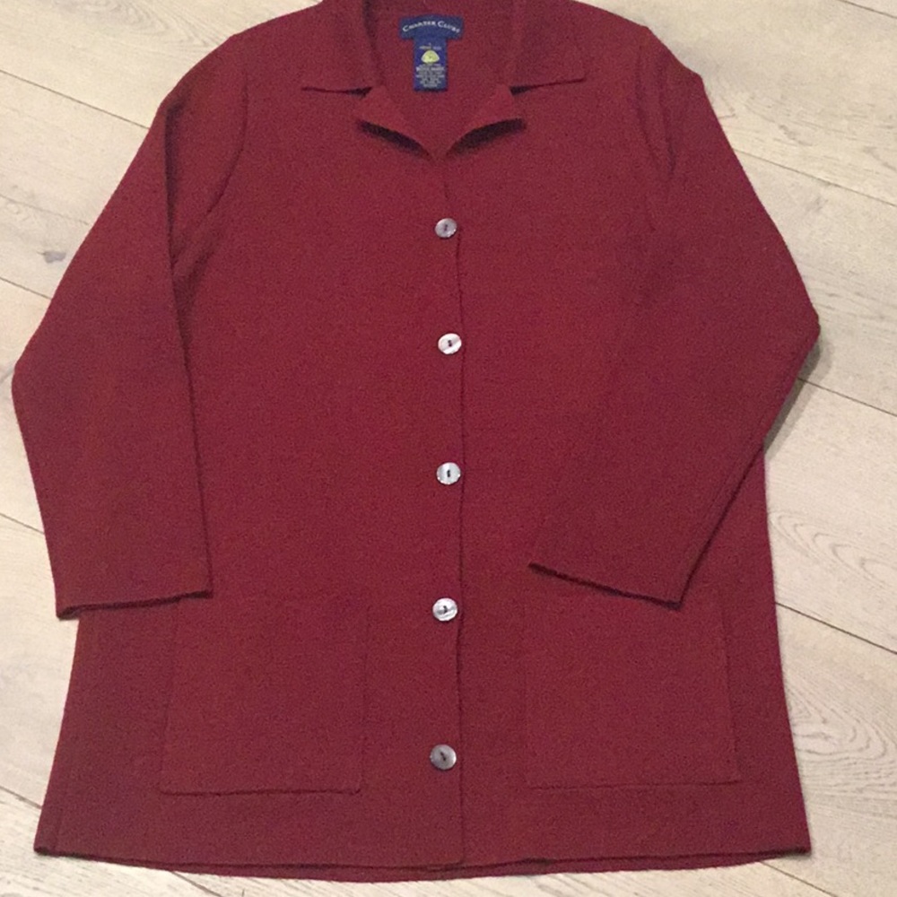 Woman’s Charter Club maroon sweater jacket. Size Large 100% wool